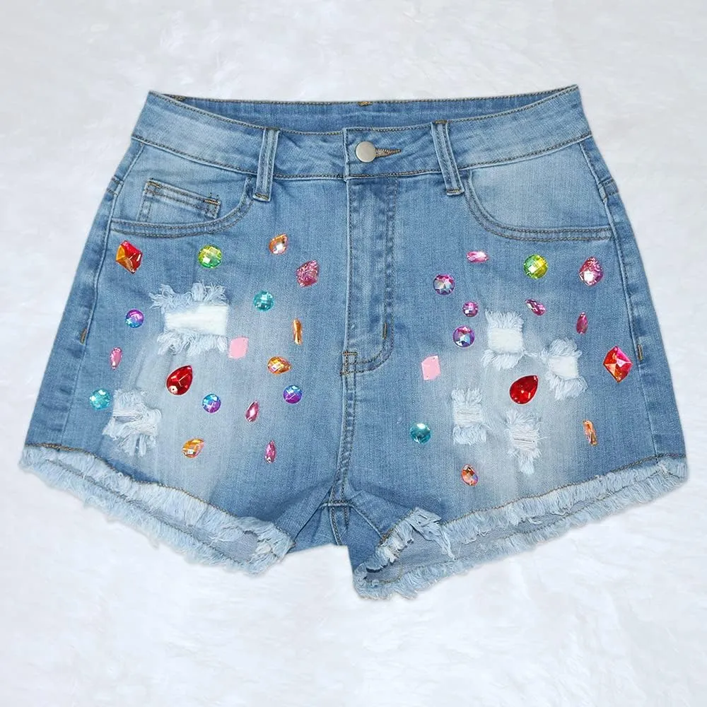 Snoly Women's Shorts Colored Rhinestone Sexy Summer High Waist Fringe Tassel Frayed Ripped Denim Jean Shorts
