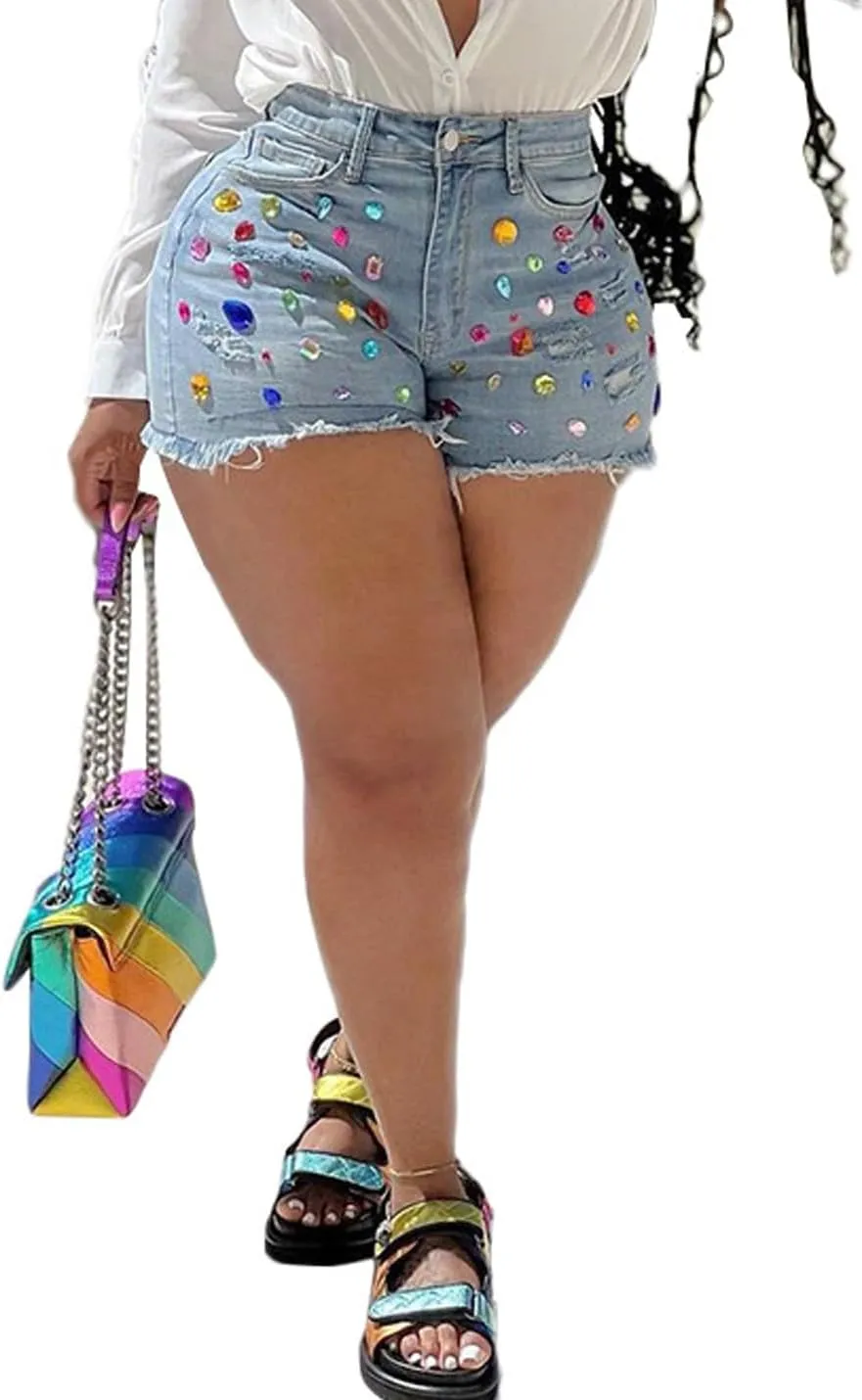 Snoly Women's Shorts Colored Rhinestone Sexy Summer High Waist Fringe Tassel Frayed Ripped Denim Jean Shorts