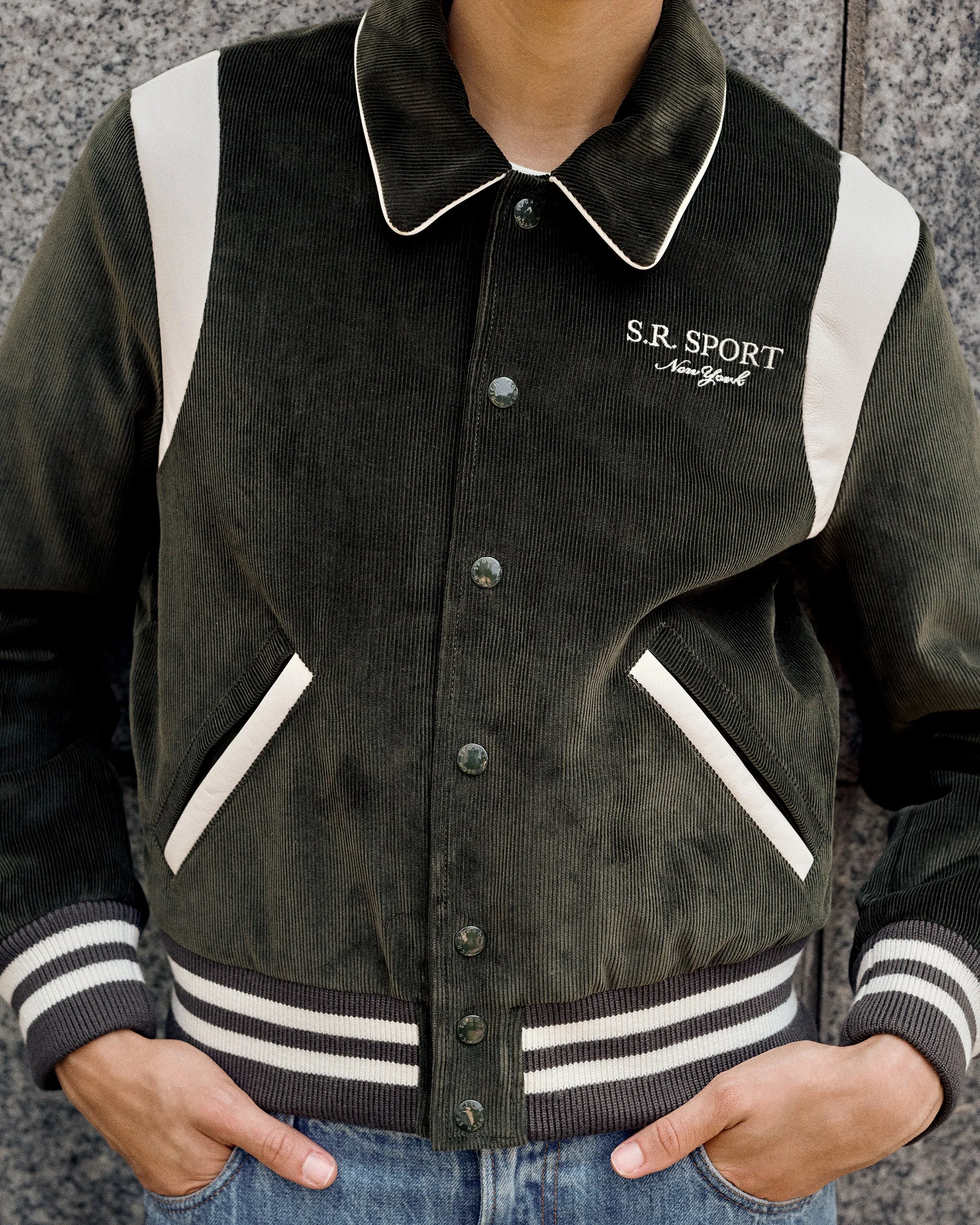 SR Sport Corduroy Varsity Jacket - Dark Green/White