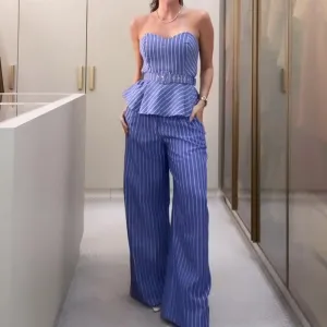 Striped printed tube top and casual pants suit