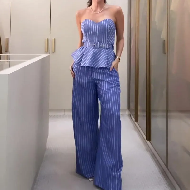 Striped printed tube top and casual pants suit