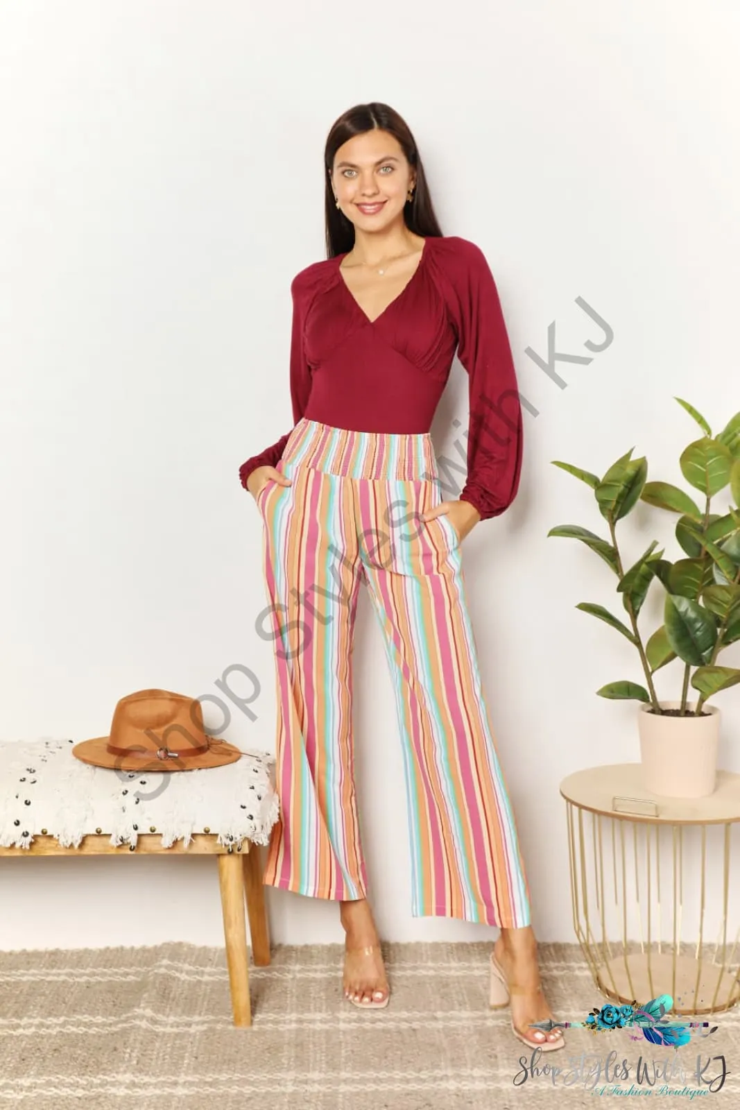 Striped Smocked Waist Pants with Pockets