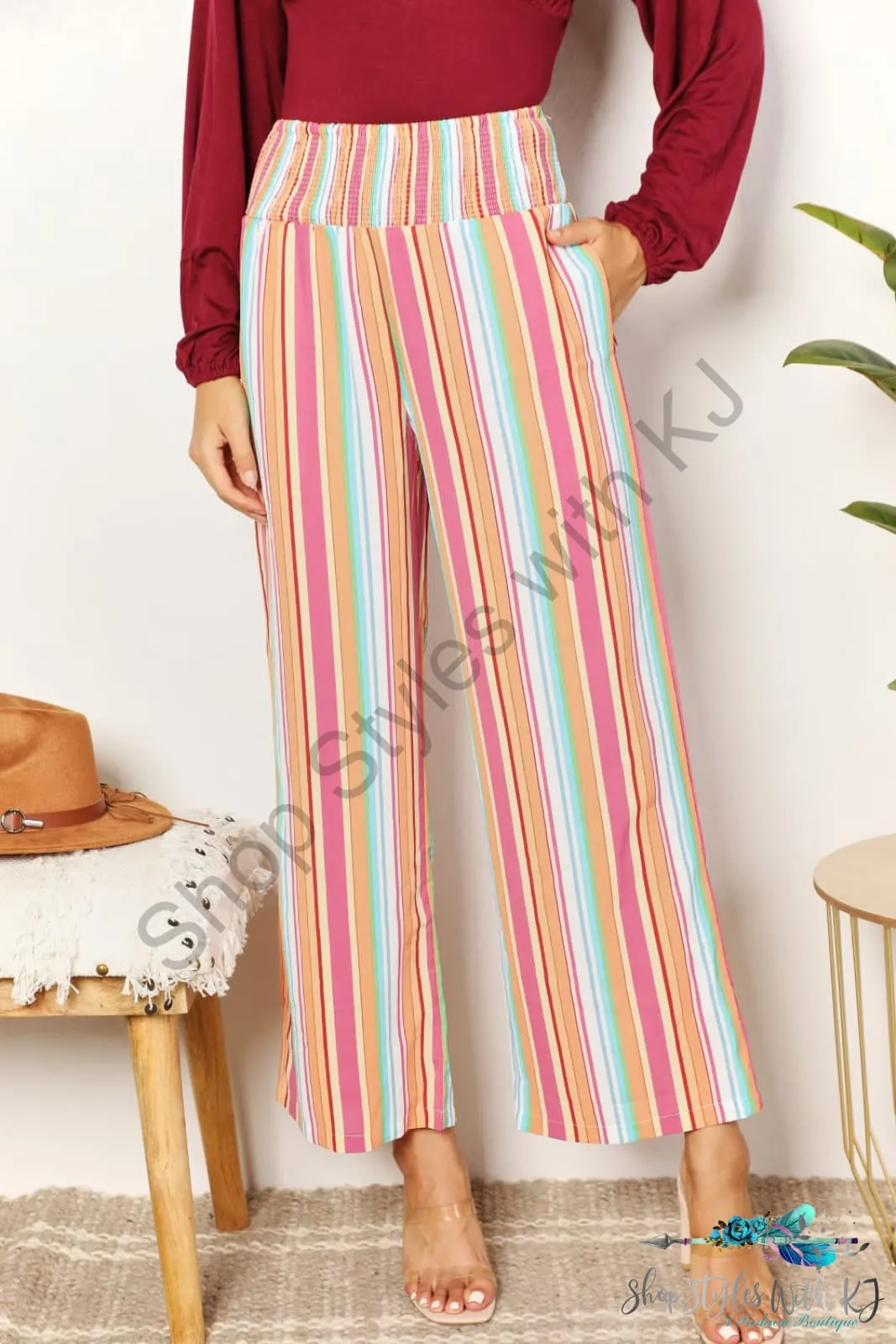 Striped Smocked Waist Pants with Pockets
