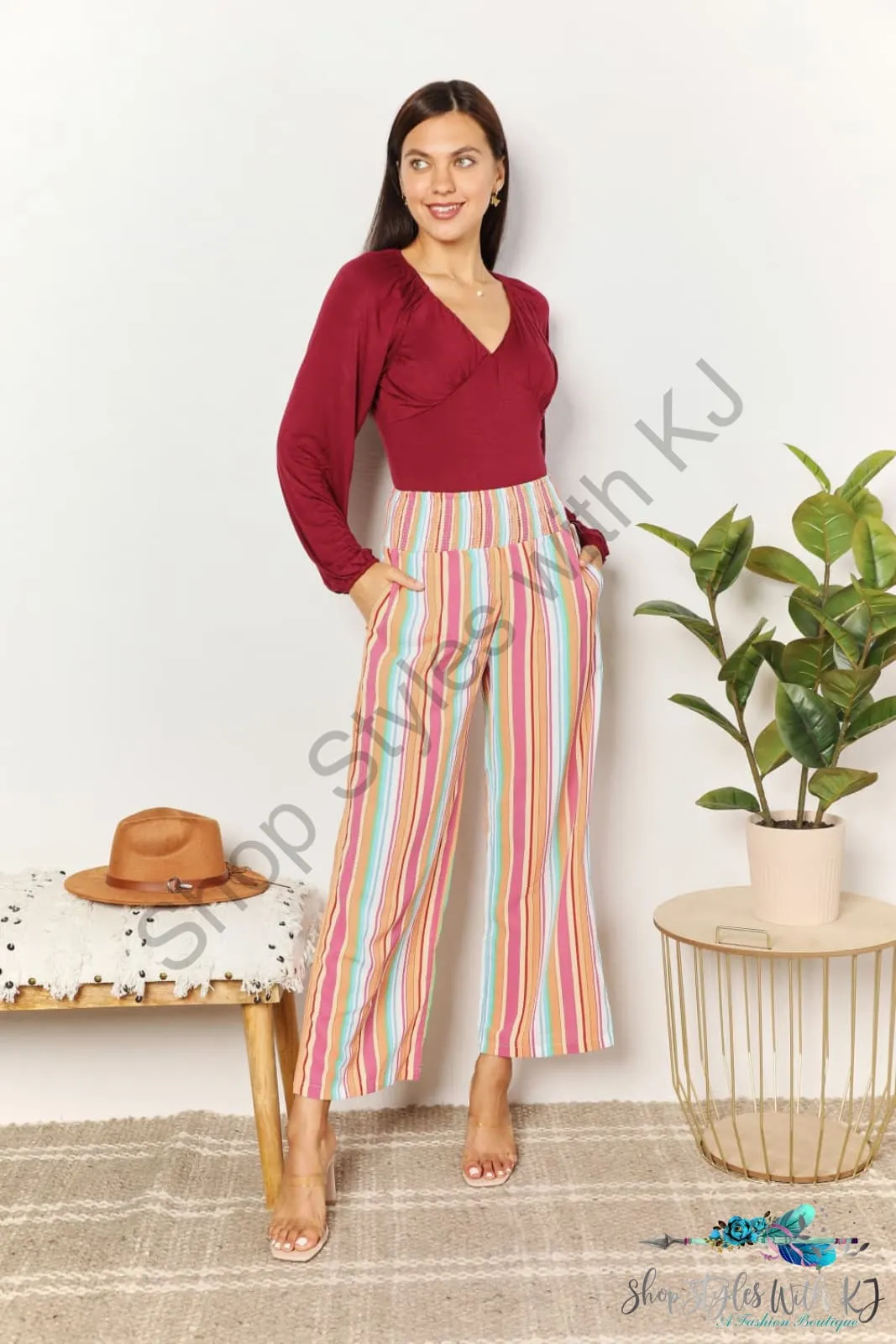 Striped Smocked Waist Pants with Pockets