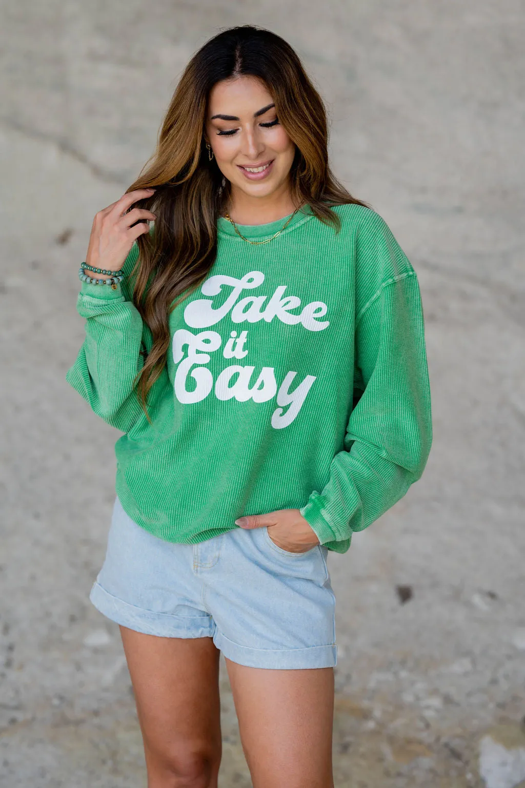 Take It Easy Ribbed Graphic Crewneck