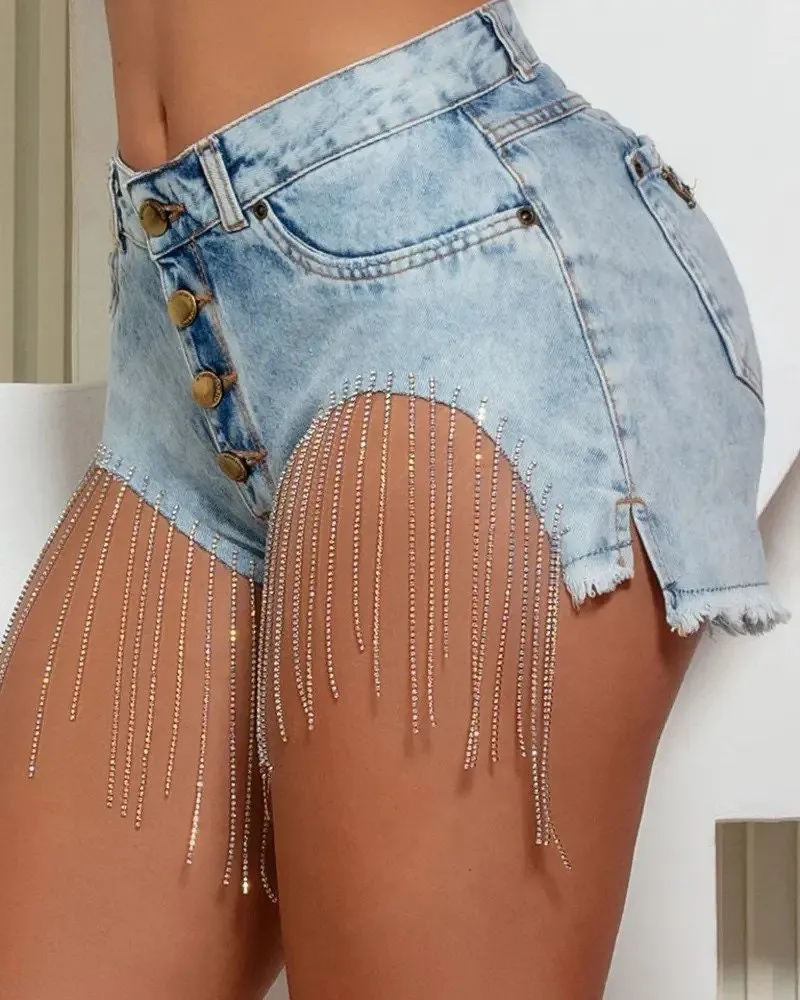 Tassel Button Denim Shorts