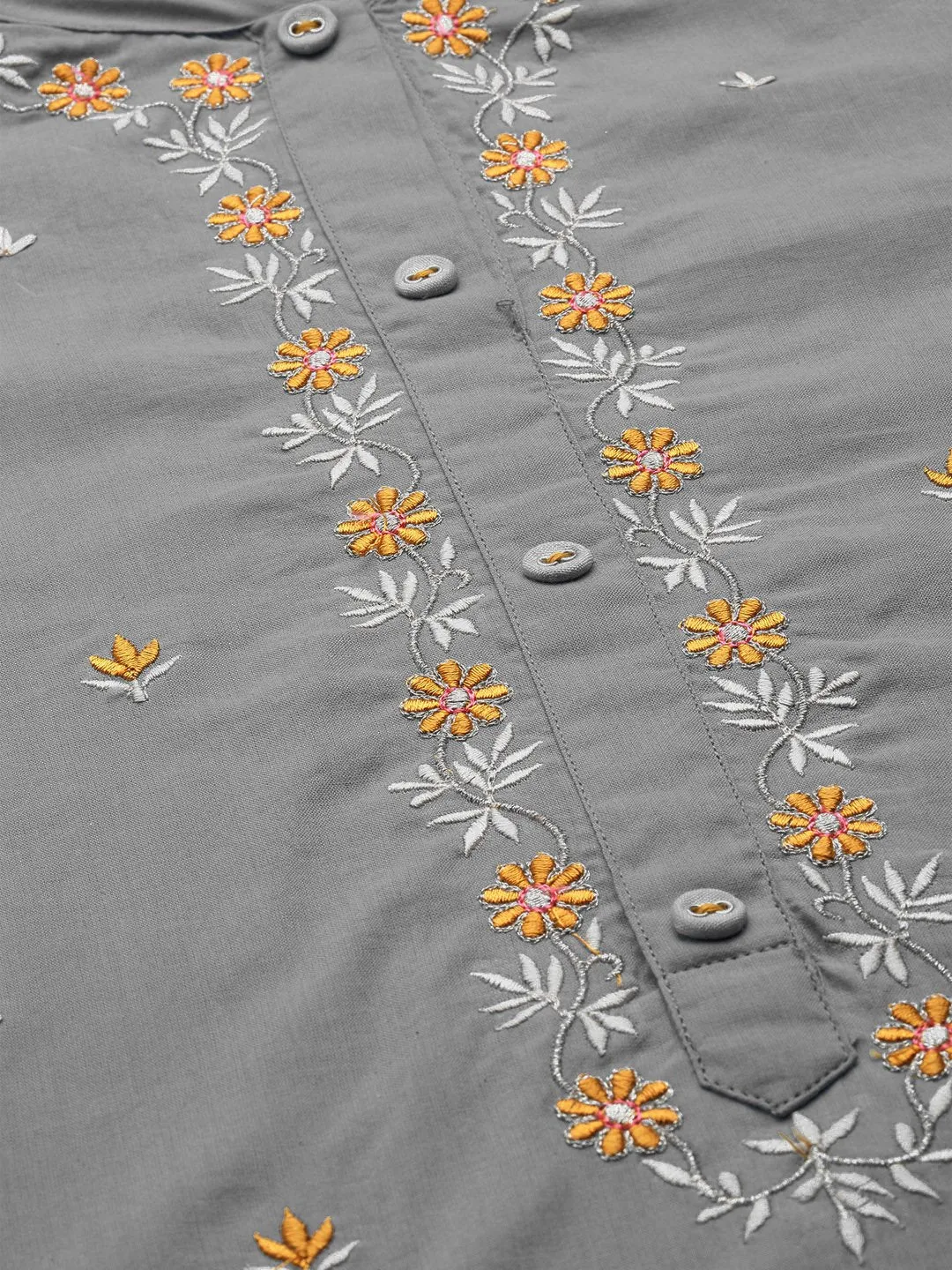 Women Grey & Orange Embroidered Kurta With Trousers & Dupatta