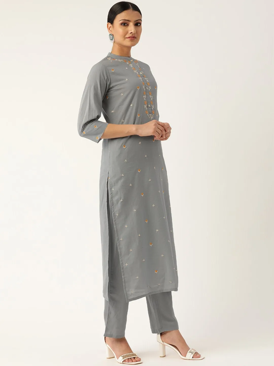 Women Grey & Orange Embroidered Kurta With Trousers & Dupatta