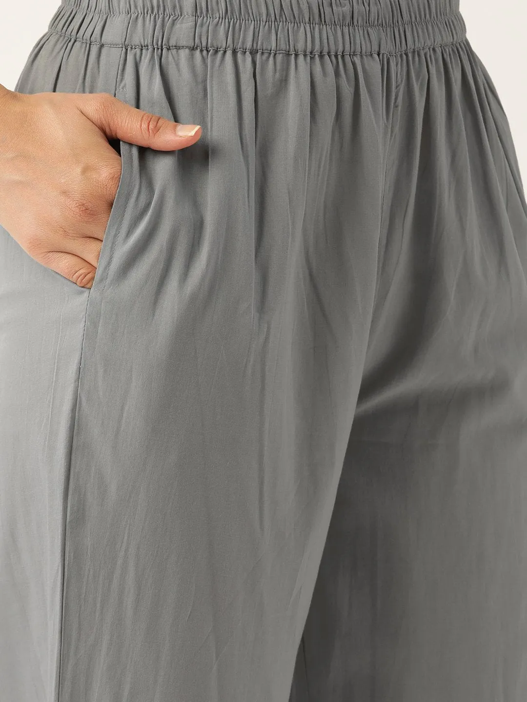 Women Grey & Orange Embroidered Kurta With Trousers & Dupatta