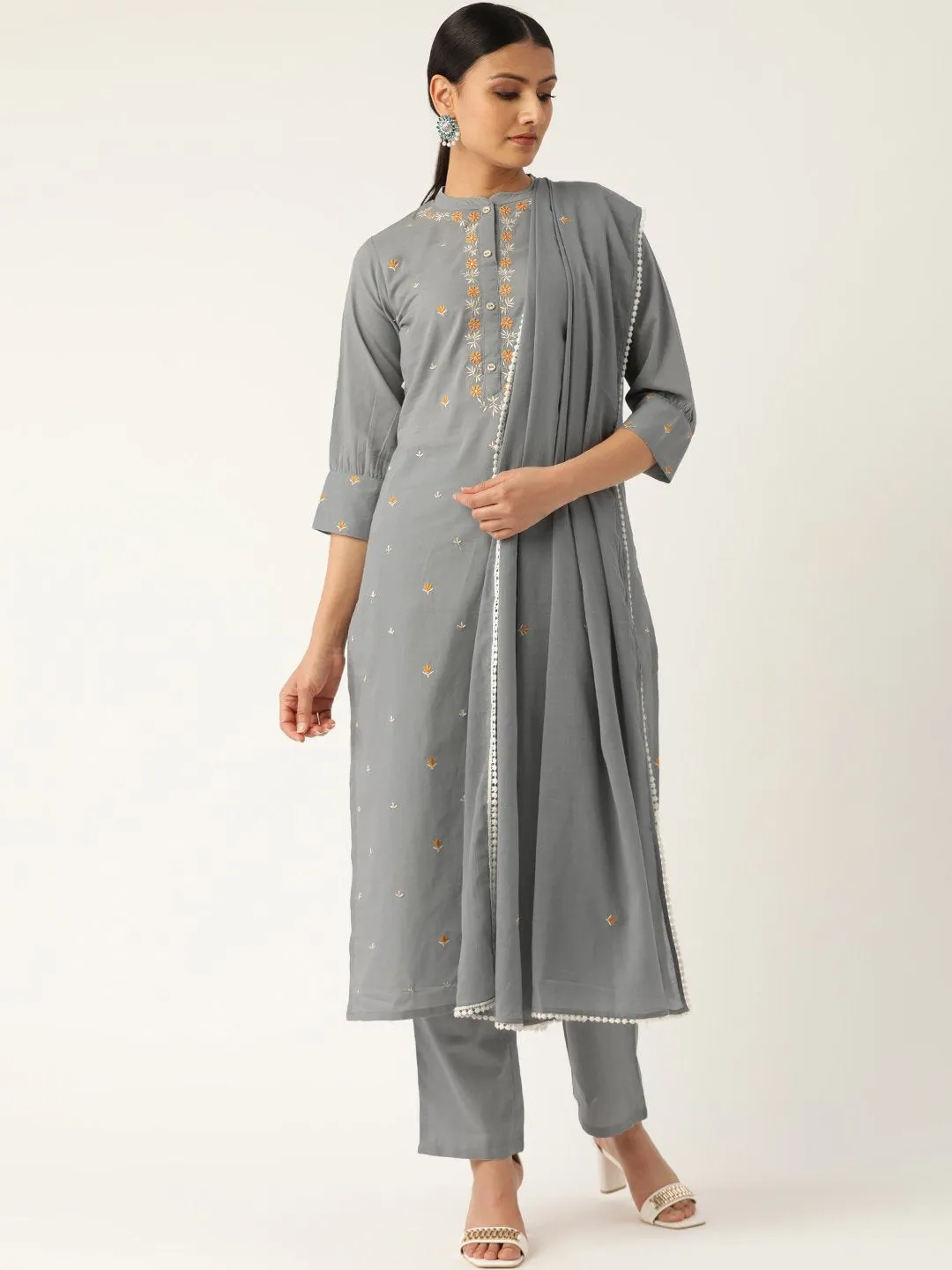 Women Grey & Orange Embroidered Kurta With Trousers & Dupatta