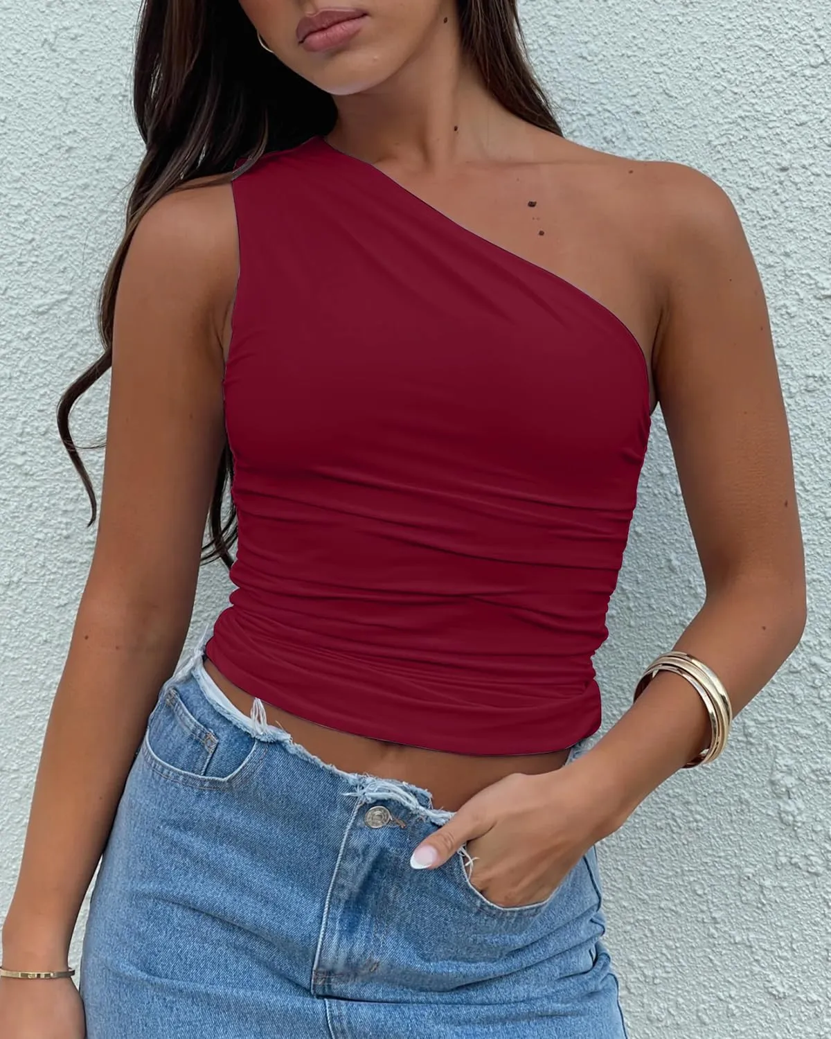 Women's One Shoulder Tank Top Sleeveless Ruched Slim Fit Y2K Basic Crop Top