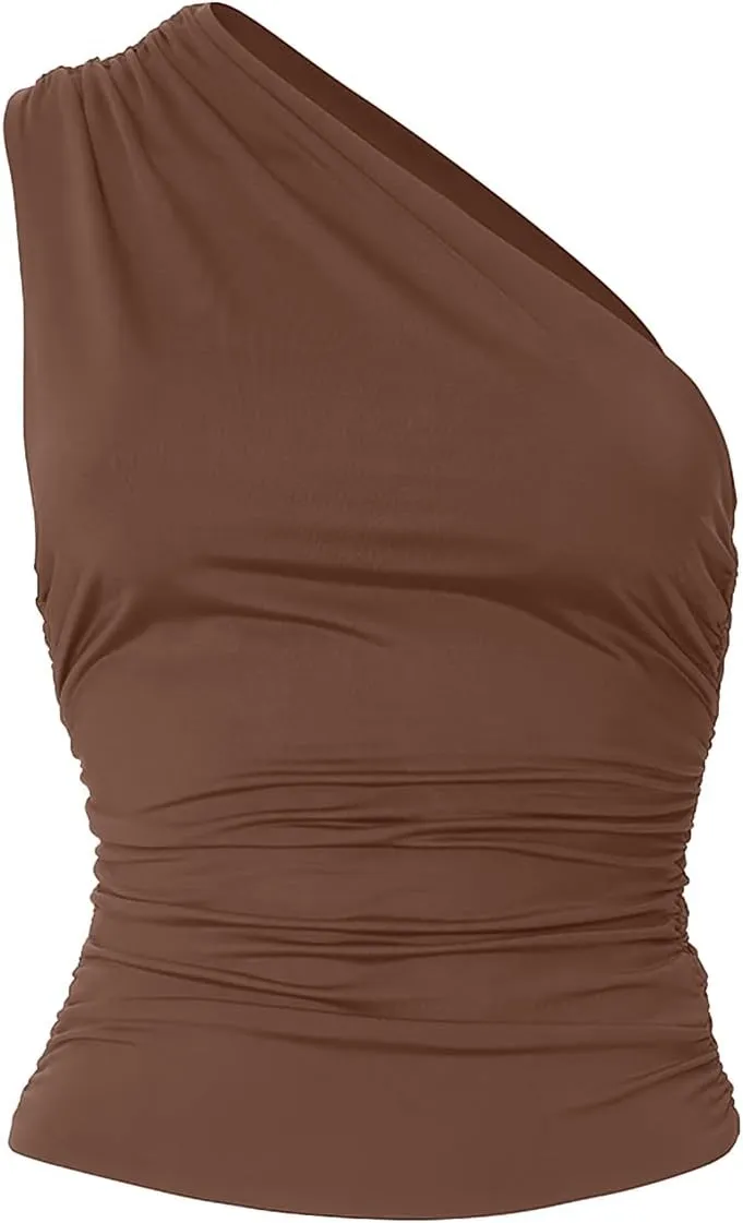 Women's One Shoulder Tank Top Sleeveless Ruched Slim Fit Y2K Basic Crop Top