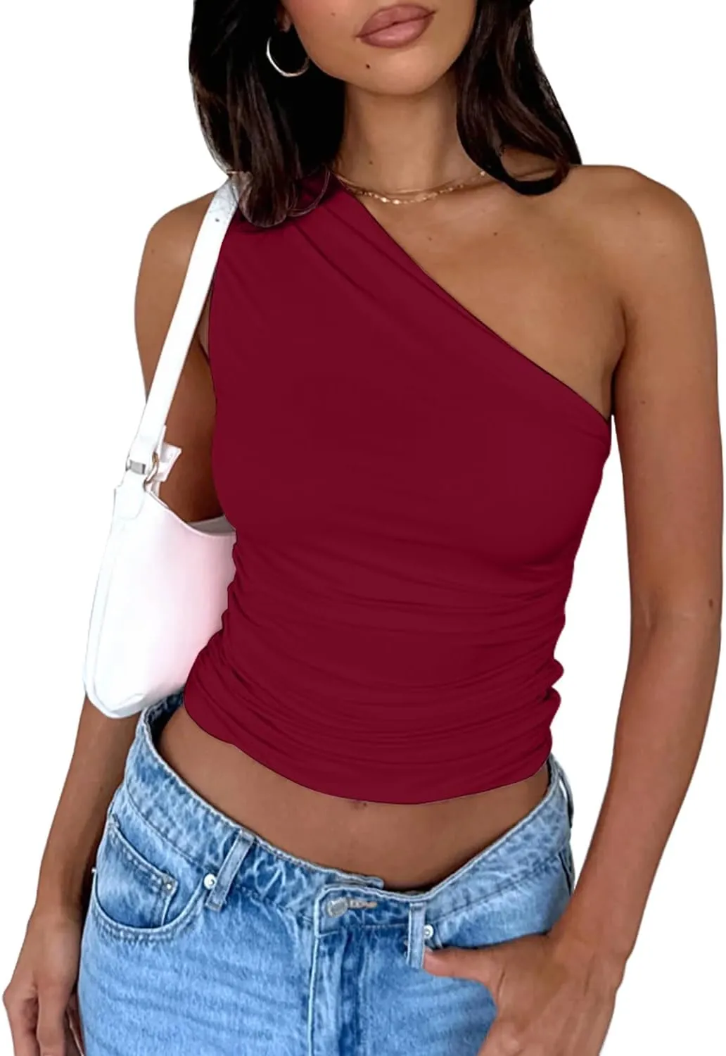 Women's One Shoulder Tank Top Sleeveless Ruched Slim Fit Y2K Basic Crop Top