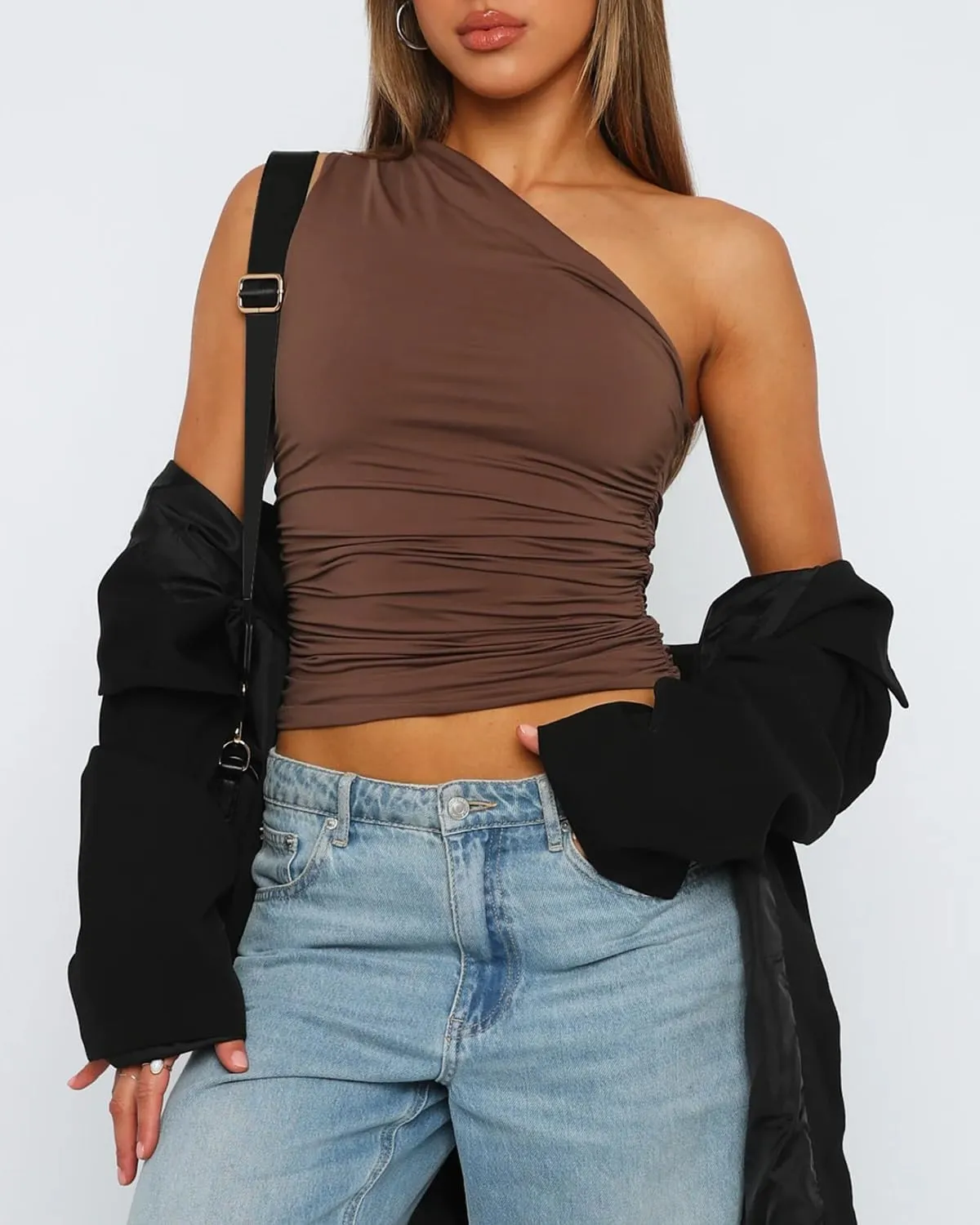 Women's One Shoulder Tank Top Sleeveless Ruched Slim Fit Y2K Basic Crop Top