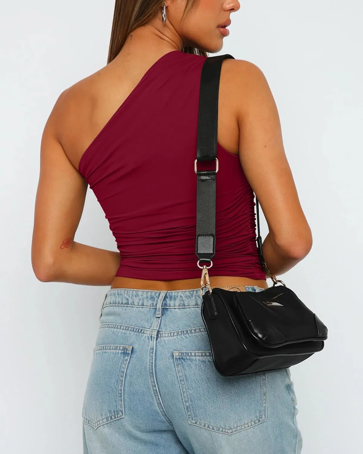 Women's One Shoulder Tank Top Sleeveless Ruched Slim Fit Y2K Basic Crop Top