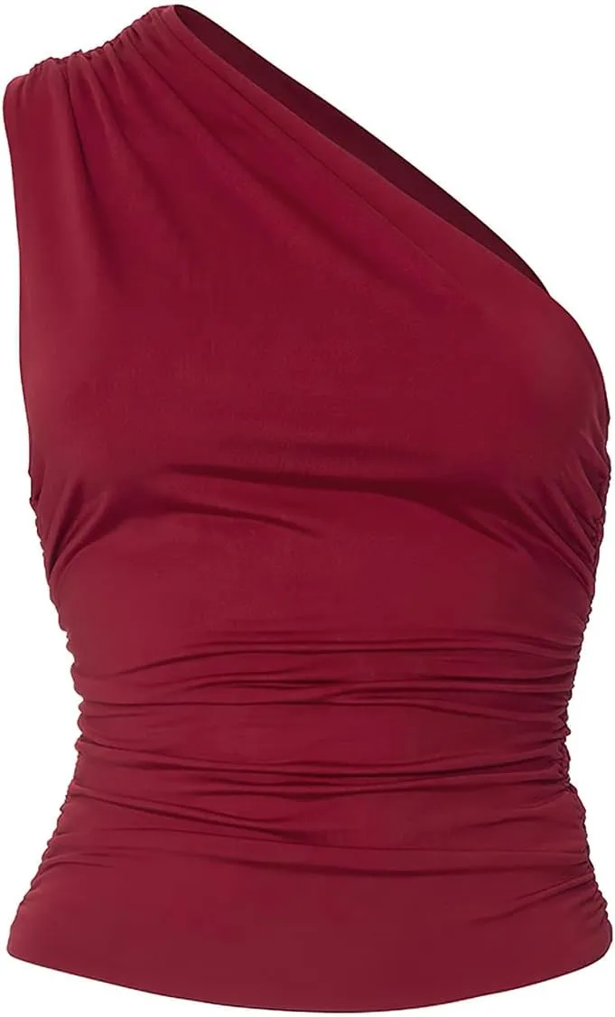 Women's One Shoulder Tank Top Sleeveless Ruched Slim Fit Y2K Basic Crop Top