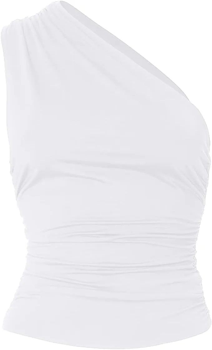 Women's One Shoulder Tank Top Sleeveless Ruched Slim Fit Y2K Basic Crop Top