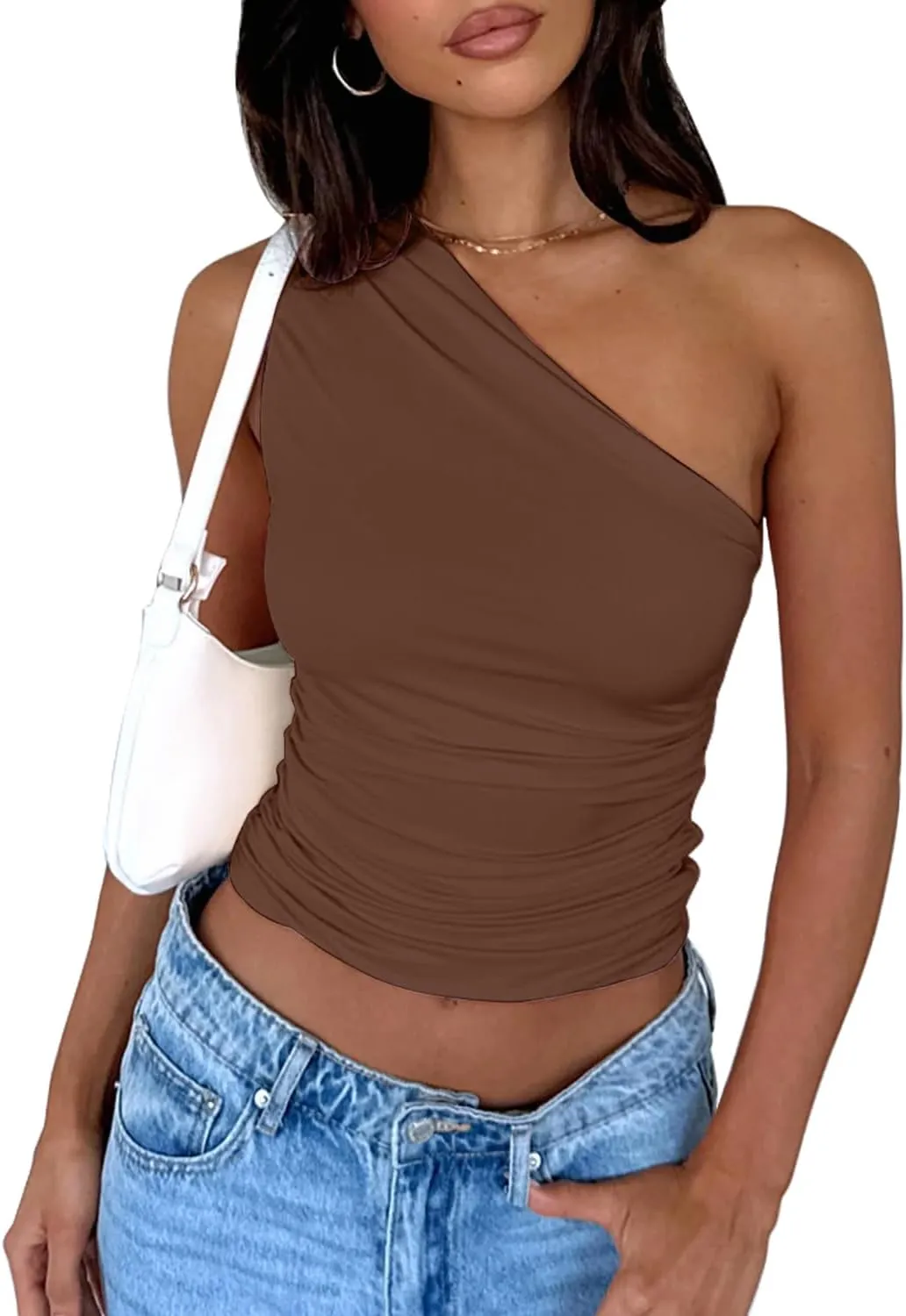 Women's One Shoulder Tank Top Sleeveless Ruched Slim Fit Y2K Basic Crop Top