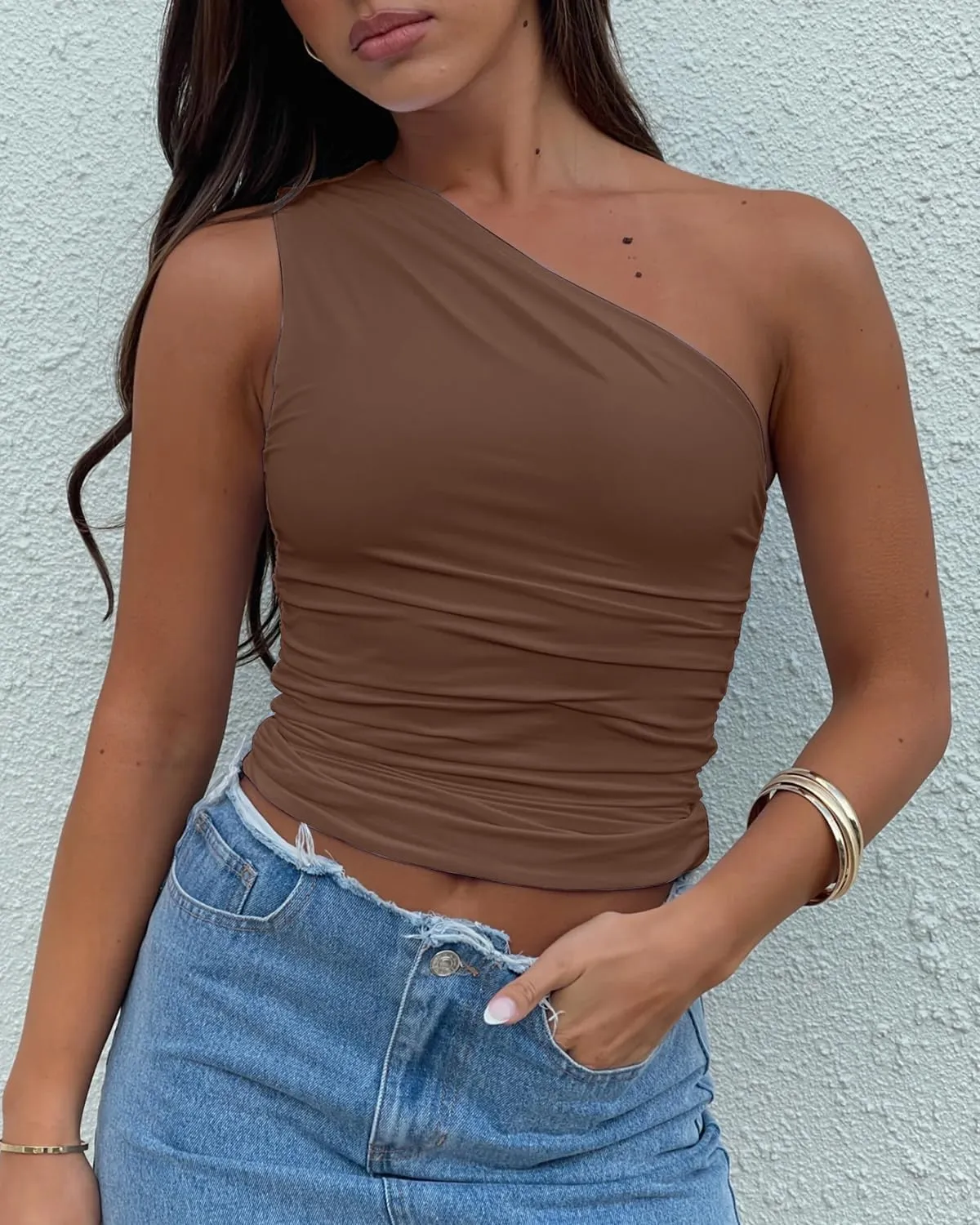 Women's One Shoulder Tank Top Sleeveless Ruched Slim Fit Y2K Basic Crop Top