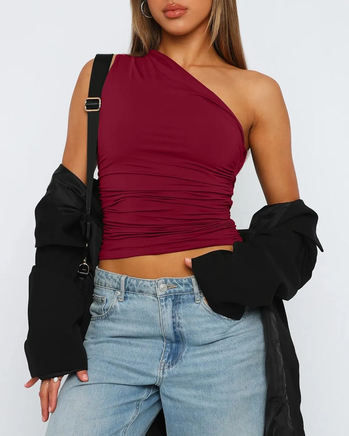 Women's One Shoulder Tank Top Sleeveless Ruched Slim Fit Y2K Basic Crop Top